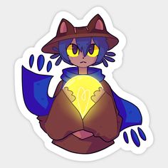 a sticker with an image of a cat wearing a hat and holding a light