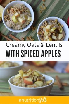 two bowls filled with oats and apples on top of a table