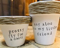 two coffee cups with twine wrapped around them sitting on a counter top, one says pretty aloe to my little friend