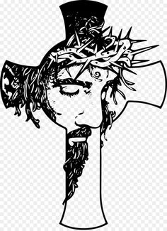 a black and white drawing of jesus on the cross with crown of leaves above his head