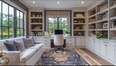 a living room filled with furniture and lots of shelves next to a large window covered in windows