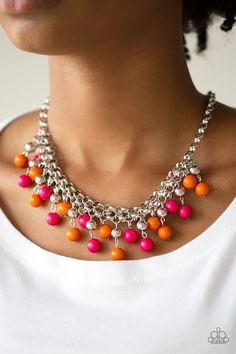 Rows of classic orange, pink, and silver beads trickle from two rows of interlocking silver chains, creating a bold colorful fringe below the collar. Features and adjustable clasp closure.

 Sold as one individual necklace. Includes one pair of matching earrings. Colorful Metal Beaded Necklaces For Party, Party Colorful Metal Beaded Necklace, Multi-strand Necklaces With Colorful Beads For Party, Cheap Multi-strand Layered Necklace With Colorful Beads, Nickel-free Multicolor Beaded Necklace For Festival, Paparazzi Necklaces, Multi Necklace, Orange Necklace, Beaded Necklace Designs