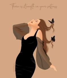 a woman in a black dress with butterflies around her neck and the words, there is something in your eyes