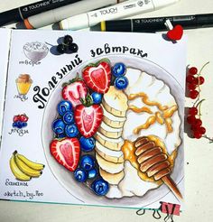 a drawing of pancakes with fruit and honey on top, surrounded by crayons