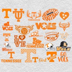 an orange and white background with many different sports related items on it's side