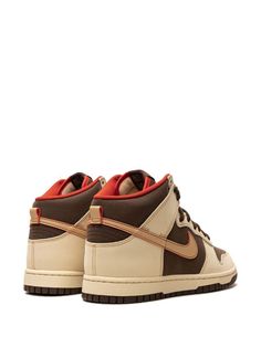 Nike Dunk High "Baroque Brown" Sneakers - Farfetch Brown Lace-up Skate Shoes For Streetwear, Brown Leather Round Toe Skate Shoes, Brown Lace-up Skate Shoes With Gum Sole, Brown Streetwear Skate Shoes With Rubber Sole, Brown High-top Skate Shoes With Contrast Sole, Beige High-top Custom Sneakers For Streetwear, Brown Skate Shoes With Rubber Sole For Streetwear, Brown Leather Skate Shoes With Gum Sole, Beige Leather High-top Sneakers