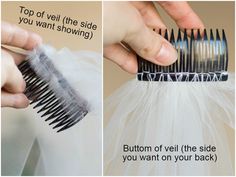 two pictures showing how to use a comb on the back of a wedding dress, and then using it as a hair clip