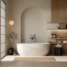 a large white bath tub sitting in a bathroom next to a wooden shelf filled with books