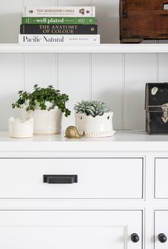 some books and plants are sitting on a white shelf next to a chest of drawers