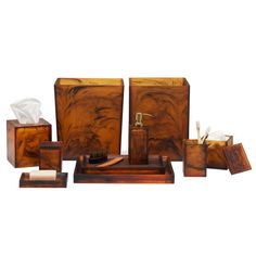 a wooden desk set with tissue dispenser, toothbrush holder and soap dispenser