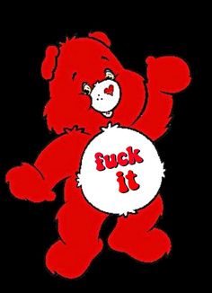 a red teddy bear holding a white ball with the word f is for f on it