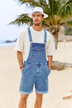 Made of high quality dungaree fabric, super soft, breathable and sweat-absorbent, keep you cool and relaxed all the time especially in hot summer. Sleeveless one piece bib overall with adjustable strap, comfortable relaxed fit. #men #denim #cotton #summer #bib #overall_shorts Short Dungarees Outfit Men, Dungarees Outfit Men, Mens Overalls Shorts, Overalls Outfit Men, Rtw 2023, Relaxed Fit Men, Dungaree Outfit