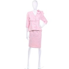 For Sale on 1stDibs - This is a very pretty pink floral brocade skirt suit from Guy Laroche Boutique. This 2 piece outfit would make a great day dress alternative to wear as Elegant Pink Skirt Suit For Party, Elegant Pink Party Skirt Suit, Spring Pink Skirt Suit For Party, Pink Spring Daywear Sets, Pink Daywear Sets For Spring, Pink Skirt Suit For Formal Spring Occasions, Pink Formal Sets For Spring, Elegant Daywear Sets For Spring, Elegant Spring Daywear Sets