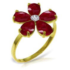 Item: 3417 Description 14k. Solid Gold Ring With Natural Diamond & Rubies (Yellow Gold) Original Ring Size 6.0 (More Sizes Upon Request) Item Information Metal: 14k. Solid Gold Metal Weight: 2.00 Gr. Diamonds 1 Round Cut, K-M Color, Si-2 Clarity = 0.02 Ct Gemstones 5 Pear Shape, 6x4 Mm, Ruby = 2.20 Ct Measurements Height: 0.77 In ( 19.6 Mm) Width: 0.55 In ( 14 Mm) Pear-shaped Brilliant Cut Yellow Gold Ruby Ring, Yellow Gold Flower Ring With Prong Setting, Fine Jewelry Yellow Gold Ruby Ring With Brilliant Cut, Yellow Gold Flower Ring With Gemstone, Yellow Gold Pear-shaped Ruby Ring With Center Stone, Pear-shaped Yellow Gold Ruby Ring With Center Stone, Pear-shaped Ruby Ring In Yellow Gold With Center Stone, Pear-shaped Ruby Ring In Yellow Gold, Fine Jewelry Yellow Gold Ruby Ring With Center Stone