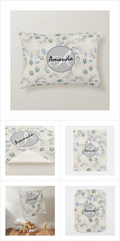 an assortment of pillows and pillow cases with the name amanou on one side