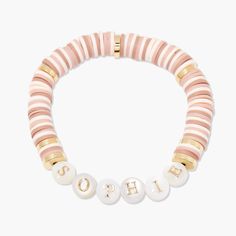 Adorn yourself with this trendy Hannah Name Bracelet. This stylish accessory is personalized with your name and comes in a multitude of vibrant colors – perfect for adding a splash of fun to your look. Get yours today and show off your unique style. 6" stretch bead bracelet 1/4" mother of pearl letter bead Maximum number of characters: 10 This is a uppercase only bead, lowercase letters entered will be produced as uppercase. SHIPPING NOTE ﻿- This custom item takes 3-5 business days to produce fr Hannah Name, Custom Engraved Bracelet, Pearl Letters, Engraved Cuff, Modern Jewellery Design, Gold Bracelet Cuff, Engraved Bracelet, Letter Beads, Name Bracelet