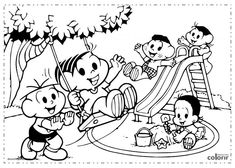 cartoon characters playing in the park coloring pages for kids, with black and white lines