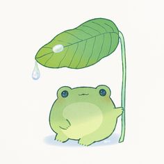 a green frog is sitting under a leaf