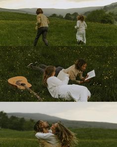 two people are laying in the grass and one is holding a book while the other holds a guitar