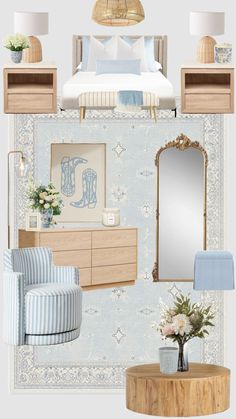 a bedroom with blue and white decor on the walls, furniture and flowers in vases