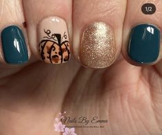 Blue Fall Nail Colors, Teal Pumpkin Nails, Teal Fall Nails, September Nail Art, Blue Fall Nails, Ongles Halloween, Nails Teal, Fall Toe Nails