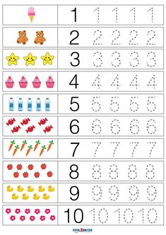 the worksheet for numbers 1 to 10 with an image of teddy bears and cupcakes