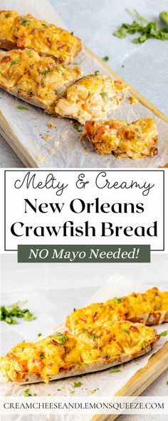 two slices of new orleans crawfish bread on a cutting board with text overlay