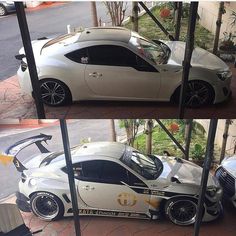 two pictures of the same car in different stages of being painted white and black with gold accents