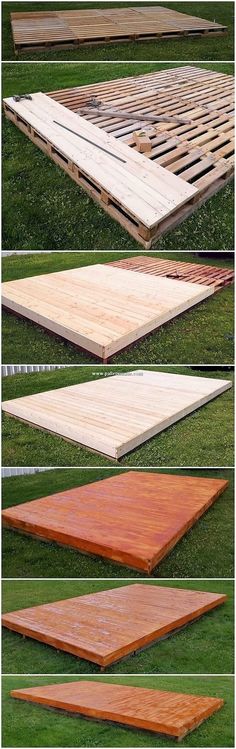 several different types of wooden boards laying on the grass