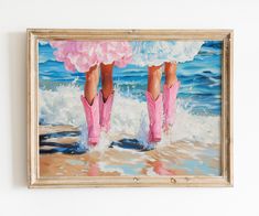 a painting of two women in pink boots walking into the ocean with their feet in the water