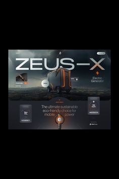 the website for zeus - x is displayed in black and orange colors, with an image