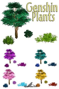 some trees and bushes with the words genshin plants