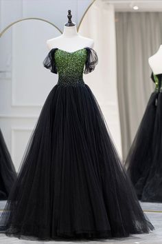 Black Tulle Long A-Line Prom Dress Prom Dresses Off The Shoulder, Tulle Long Prom Dress, Prom Dress Black, Black Evening Dress, A Line Prom Dress, Purple Prom Dress, Beaded Tulle, Formal Evening Dress, Black Prom Dress