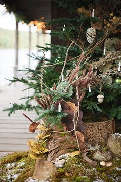 a small christmas tree in a pot with ornaments on the ground next to other trees