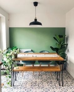 a dining room with green walls and plants on the table, along with two wooden benches