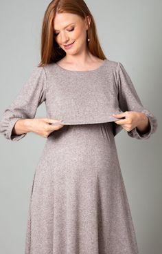 Be the classiest mama in town with our Vivian maternity and nursing dress. Created in a sumptuous ribbed knit jersey with a hint of sparkle, this midi-length nursing style has all the flare you need for effortless glamour in every way. Featuring concealed side pockets in the skirt and relaxed wrist-length sleeves. Simply lift the front panel for discreet access to nursing pockets. This dress is for keeps whatever the event. Light chocolate brown ribbed knit maternity and nursing midi dress Soft Feeding Friendly Outfits, Classy Maternity Style, Vintage Maternity Dress, Fitted Nursing Friendly Maternity Dress For Loungewear, Nursing Friendly Fitted Maternity Dress For Loungewear, Ribbed Maternity Dress For Spring, Maternity Ribbed Dress, Spring Ribbed Maternity Dress, Fitted Ribbed Maternity Dress