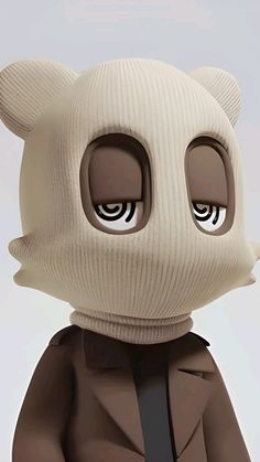 a cartoon character with big eyes wearing a brown coat and black tie, standing in front of a white background