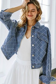 A textured denim jacket featuring collar, drop shoulder, long sleeve and button down. Indulge in the timeless sophistication of our MEET ME THERE DENIM JACKET. Crafted from luxurious, textured denim, this jacket features a classic collar, drop shoulders, long sleeves, and a button-down front. Elevate any outfit with this exclusive piece. Matching bottom FP1090DetailsSelf: 80% Cotton 20% PolyesterSize & Fit- Model is 5`8" And Wearing Size Small- Measurements Taken From Size Small- Approx. Length: Meet Me There, Flying Tomato, Skirt Jumpsuit, Resort Collection, Swim Accessories, Swimsuit Cover, Sweatshirt Dress, Outerwear Women