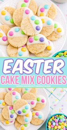 easter cake mix cookies with white frosting and colorful sprinkles on plates