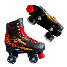 two roller skates with colorful designs on them, one is black and the other is red