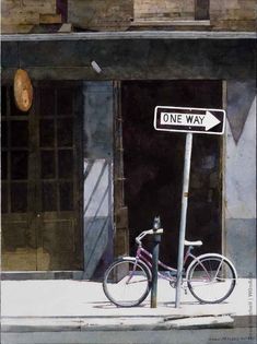 a painting of a bike parked next to a one way sign in front of a building