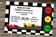 a race car birthday party invitation with a traffic light and cars on the road in front of it