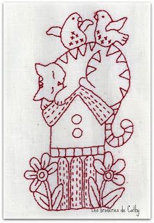 the embroidery pattern shows a house with two birds on it and flowers in front of it