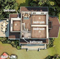 an aerial view of a house with the bedroom and bathroom labeled in white on top