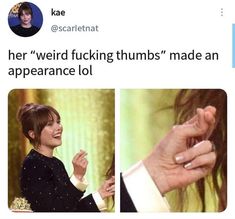 the woman is holding her hand up to show off her engagement ring, and then she's laughing