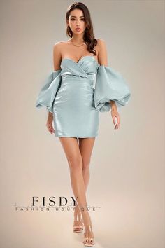 Fisdy - Mini vestido de cóctel de satén con mangas abullonadas y hombros descubiertos Dress With Puff Sleeves, Off Shoulder Dresses, Hugging Silhouette, Puff Sleeve Dresses, Mini Cocktail Dress, Satin Dress, Satin Dresses, Sweetheart Neckline, Puff Sleeves