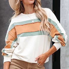 Striped Stitching Contrast Color Long Sleeves Sweater – OKArtPrints White Patchwork Crew Neck Sweatshirt, Trendy White Patchwork Sweatshirt, White Spliced Tops For Winter, Casual White Sweatshirt With Patchwork, Casual White Patchwork Sweatshirt, White Patchwork Tops For Layering, White Casual Sweatshirt, Casual White Tops With Splicing, Casual White Spliced Tops