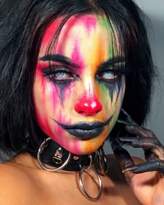 Strange Makeup Looks, Face Painting Adults Creative, Diy Creepy Clown Costume, Creepy Clown Makeup Women, Evil Clown Makeup For Women, Colorful Halloween Makeup, Womens Creepy Clown Makeup, Clown Stage Makeup, Scary Girl Clown Makeup