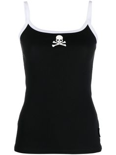 black/white stretch-design fine ribbed contrasting trim logo print at the chest logo plaque square neck spaghetti straps sleeveless straight hem Goth Vibes, Skull Tank Top, Goth Clothes, Skull Bones, Skull Tank, Corset Tops, Tube Tops, Contrasting Trim, Ribbed Tank Top