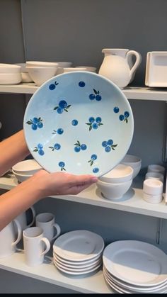 a person holding a plate with blue flowers on it